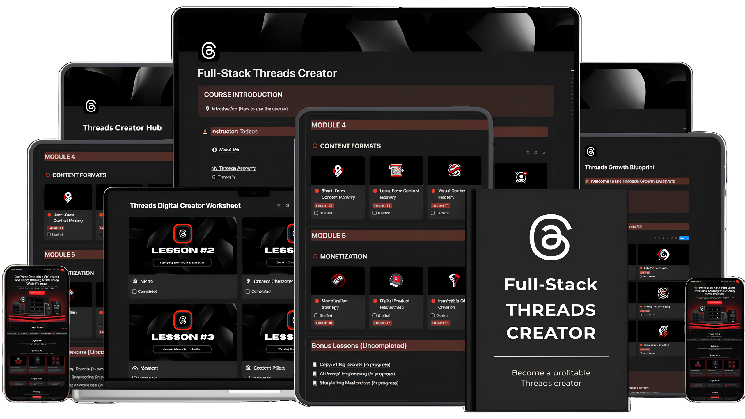 Full-Stack Threads Creator Course Materials showing various screens, modules, and workbooks